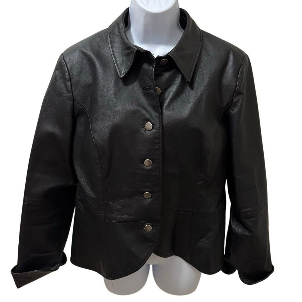 Vintage Y2K Shape FX Black Genuine Leather Button Front Jacket Women’s Size 14